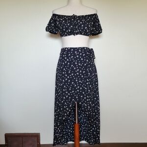 Etiquette | Black Floral Crop Top & Faux Wrap Skirt Set